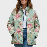 Gesa™ | Quilted Jacket with Large Roses in Sage
